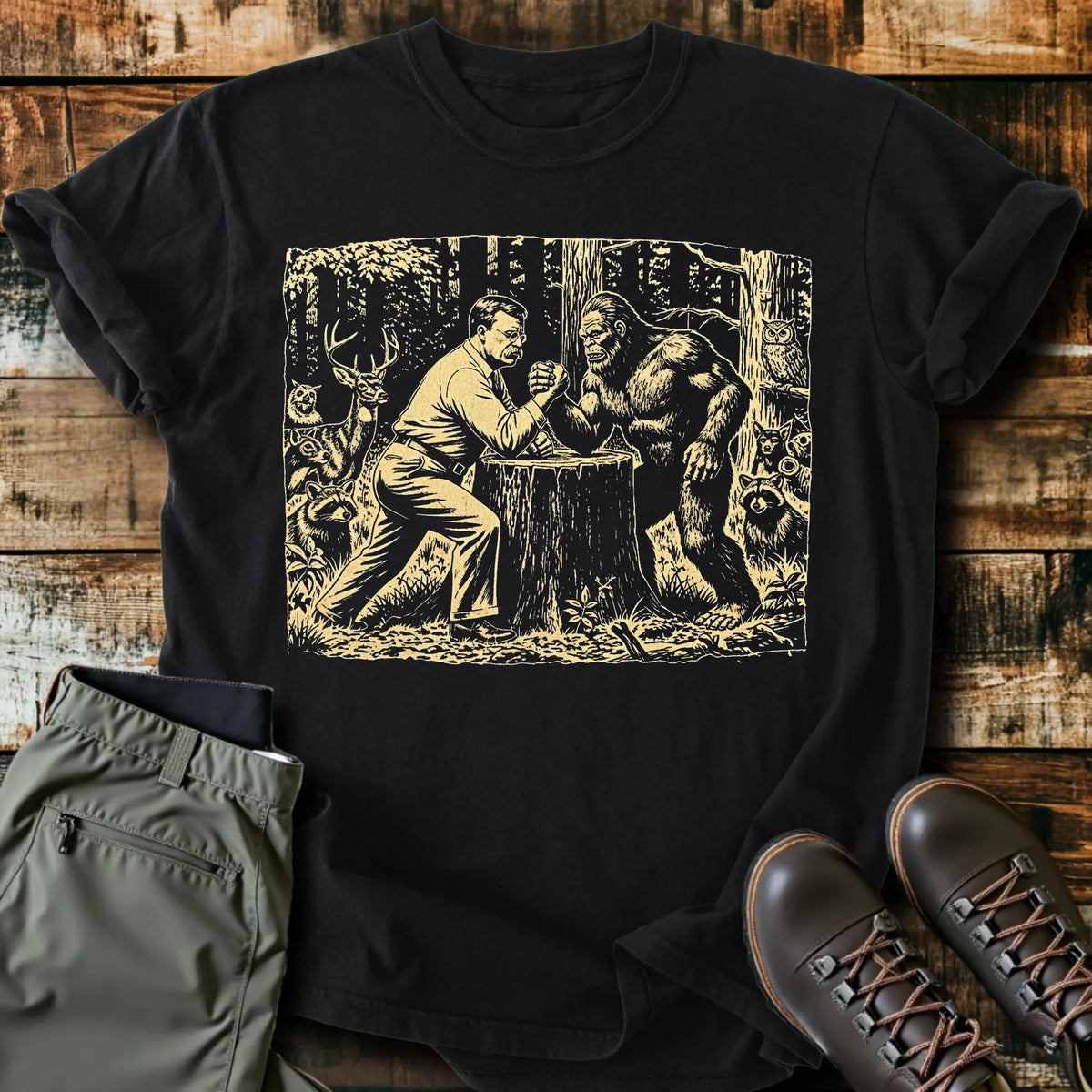 Teddy & Bigfoot Arm Wrestling T-Shirt